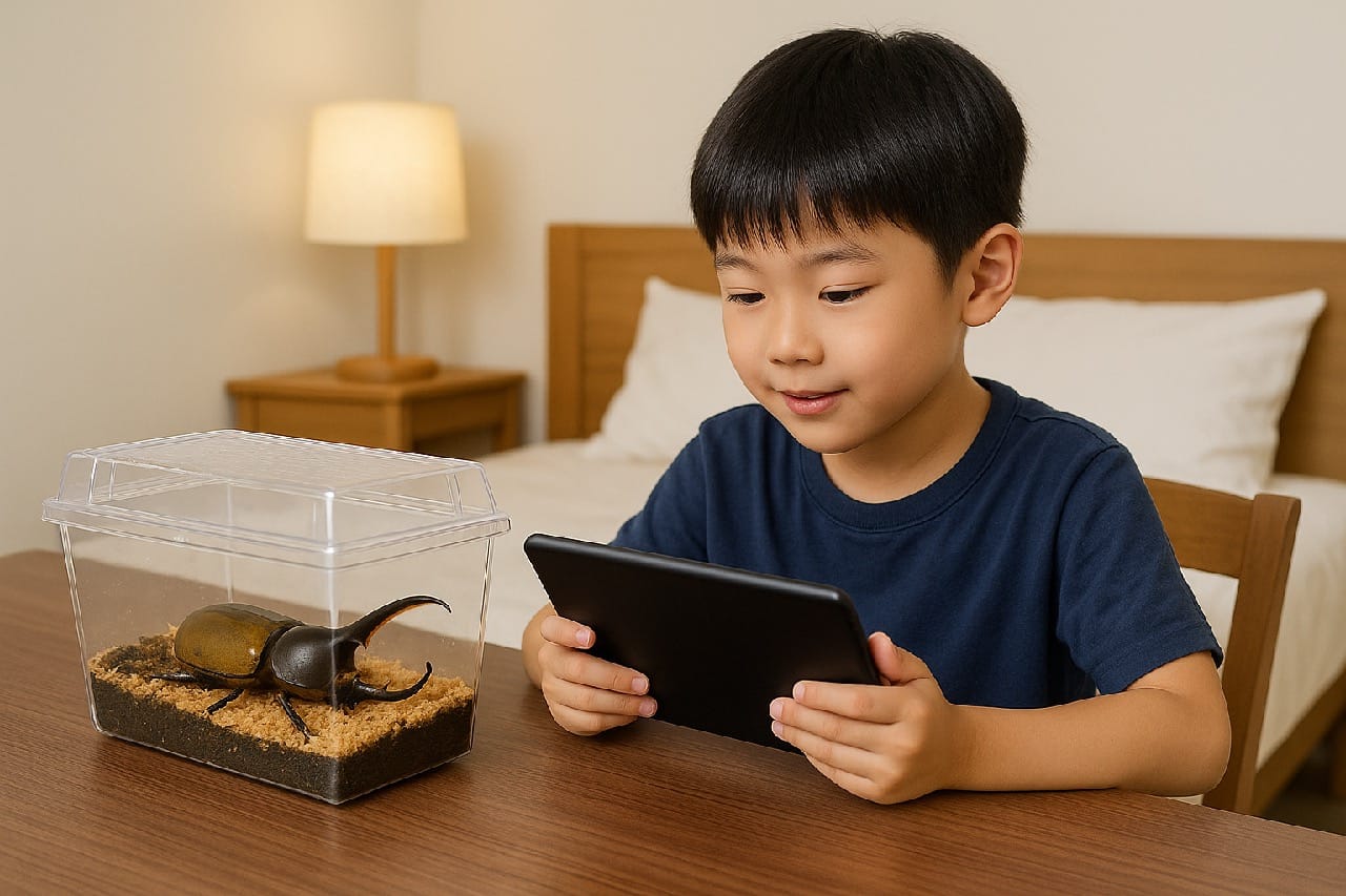 Child observing beetle while reading guide on tablet
